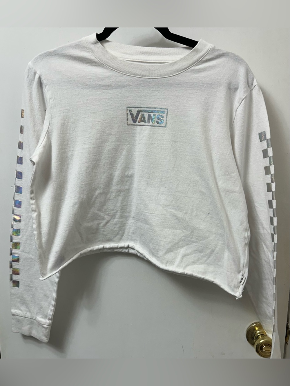 Vans White Cropped Long Sleeve Tee with Holographic Logo & Sleeve Checker